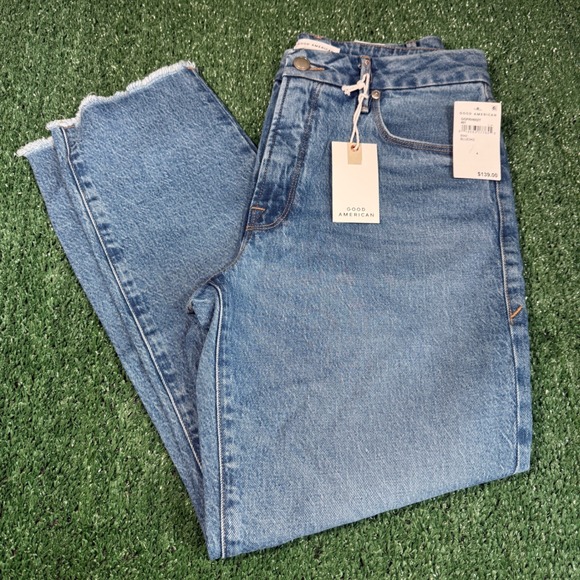 Good American Denim - Good American Good Girlfriend Jeans Blue Wash Raw Hem‎ Size 4 27